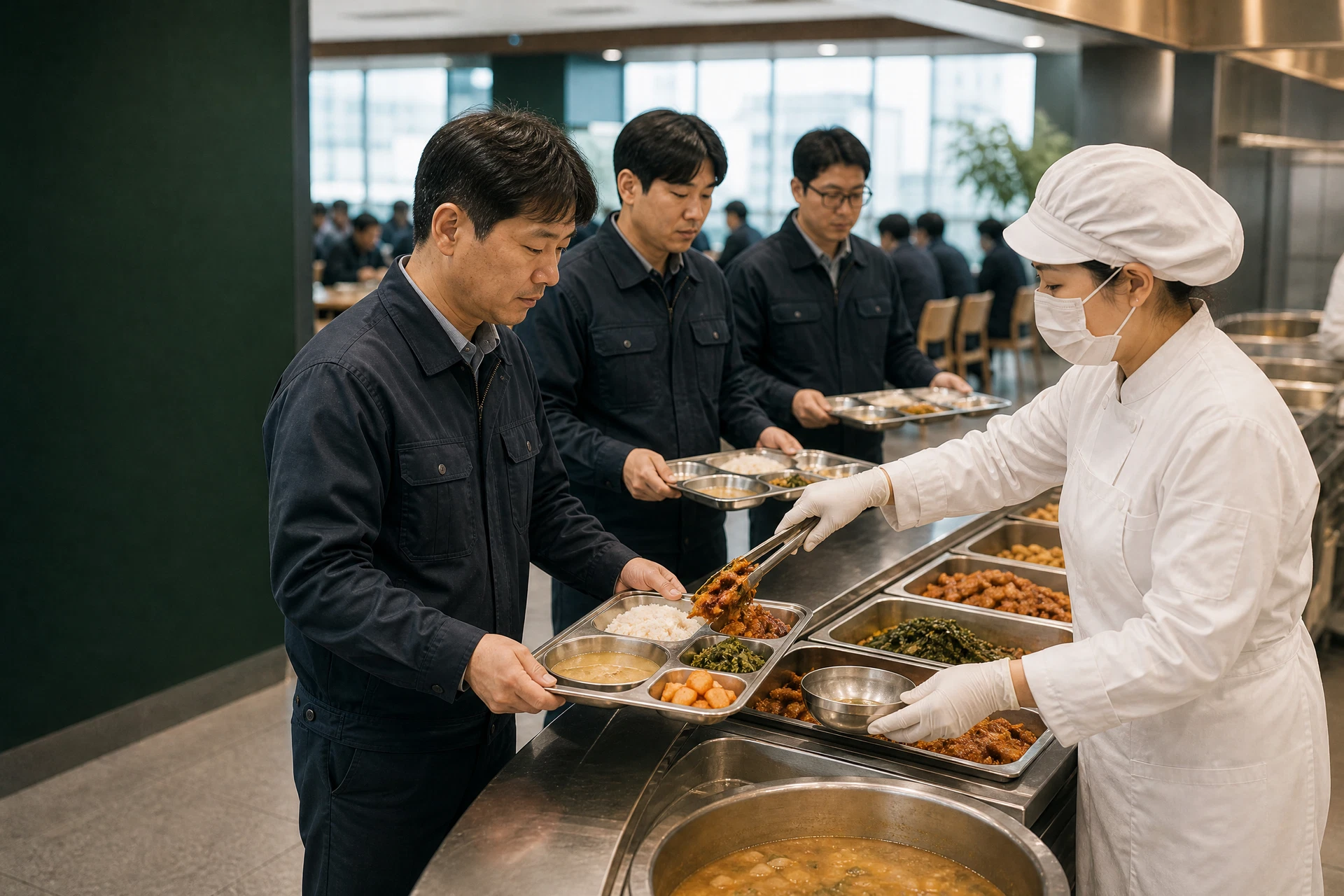 급식 직원이 배식대에서 식판에 음식을 제공하는 현장